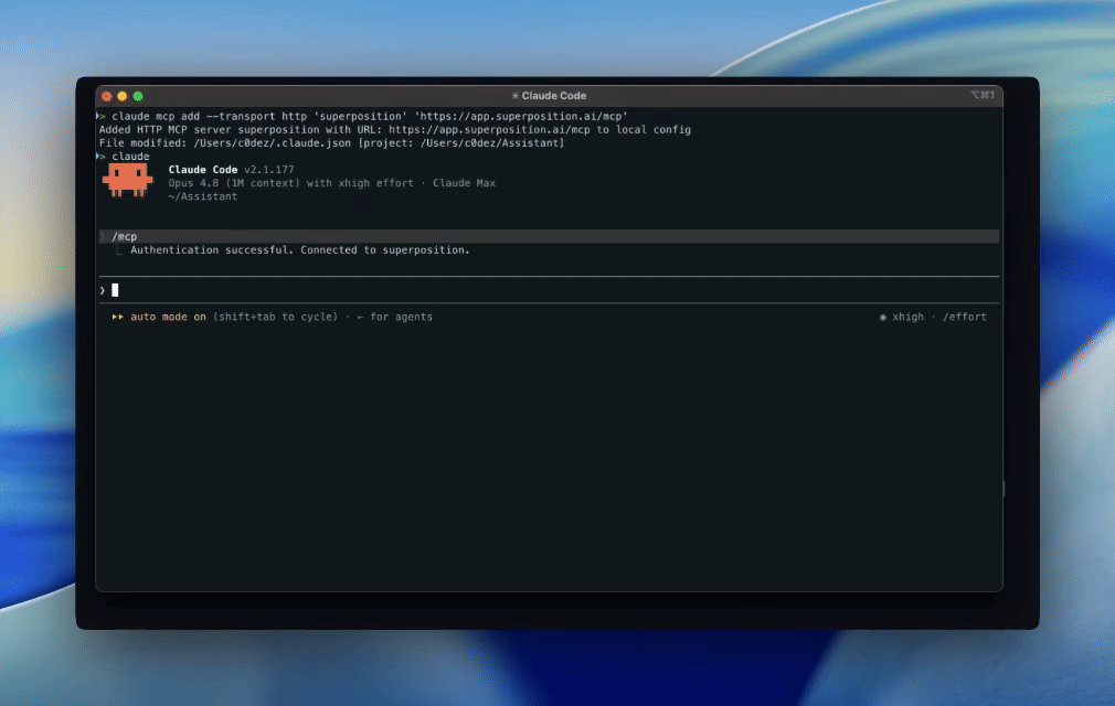 Terminal running the Claude Code command to add Superposition as an HTTP MCP server.