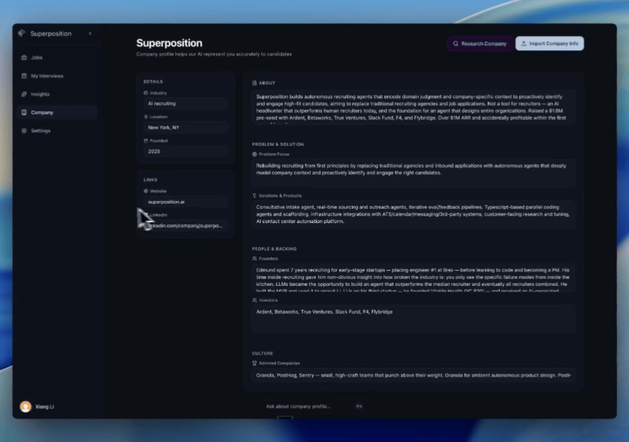 Superposition dashboard settings sidebar with the MCP beta integration selected.